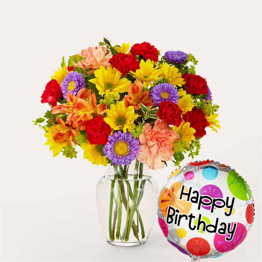 Kaleidoscope Bouquet with Birthday Balloon – MARY'S GIFT SHOP, Watsonville CA