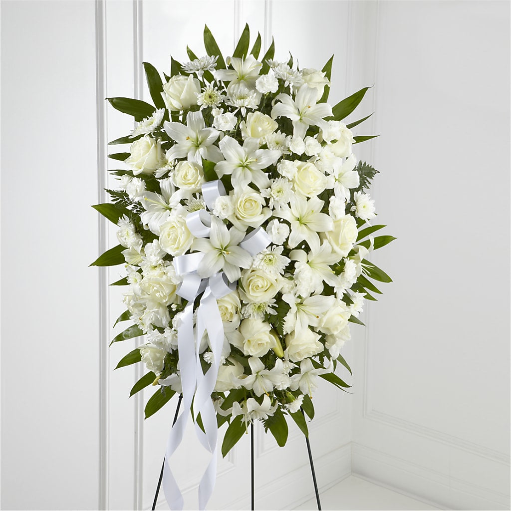 Exquisite Tribute Standing Spray-White Ribbon – MARY'S GIFT SHOP, Watsonville CA