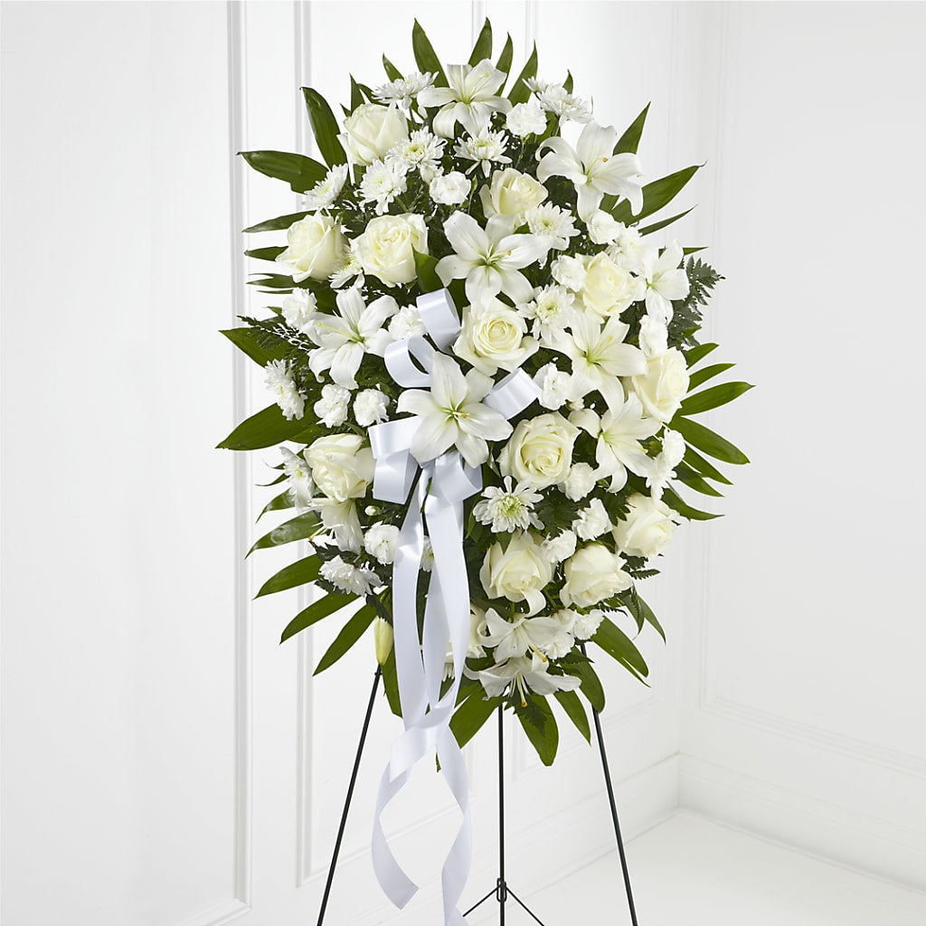 Exquisite Tribute Standing Spray-White Ribbon – MARY'S GIFT SHOP, Watsonville CA
